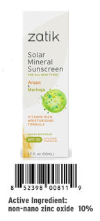 Zatik Naturals - Solar Mineral Sunscreen with Argan and Moringa, Vitamin and Mineral-Based Solar Protection, Vegan, Non-GMO, pH Balanced, FREE from Gluten, Soy, Alcohol. 1.7 fl oz, 50 ml