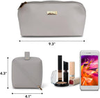 NAORI Travel Makeup Bag for Women | Large Luxury Cosmetic Organizer with Handle & Inner Pockets | Waterproof Leather Toiletry Bag | Makeup Case for Home, Travel & Gifting (Soft Grey)