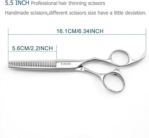 5.5" Hair Thinning Scissors Barber Scissors Professional Sharp Hairdresser Hair Thinning Shears 28 Teeth 440C Silvery Convex Edge Blade Blind Hole KINSARO for Hairdresser Barber or Home Use