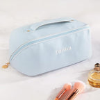 Personalized Open Flat Travel Makeup Bag with Name Real Leather Lazy Lay Flat Cosmetic Bags for Women Custom Toiletry Bag Womens Makeup Case Organizer Small Make Up Pouch for Traveling Large Capacity