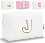 Small Personalized Letter Makeup Bag, Cute PU Leather Chenille Letters Cosmetic Bag Travel Makeup Pouch, Preppy Travel Organizer Zipper Pouch for Women&Girls（White-J）