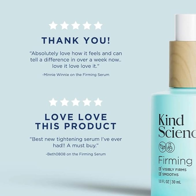 Kind Science Firming Face Serum for Women - Hyaluronic Acid Serum for Face Visibly Smooths Wrinkles - Bakuchiol Retinol Alternative with Peptides - Anti Aging Skin Care for Sensitive Skin, 1 fl oz
