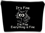 Funny Cute Cat Makeup Bag,Cat Lover Gifts For Women,Its Fine Im Fine Everythings Fine,Black Cat Cosmetic Bag Small Pouch,Birthday Gift,Coworker Gifts(Black)