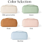 Personalized Open Flat Travel Makeup Bag with Name Real Leather Lazy Lay Flat Cosmetic Bags for Women Custom Toiletry Bag Womens Makeup Case Organizer Small Make Up Pouch for Traveling Large Capacity