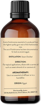 Avatra Frankincense Essential Oil 100ML (3.38 OZ) with Glass Dropper and Travel Bottle, Pure and Natural Therapeutic Grade Frankincense Oil for Diffuser, Aromatherapy, Massage, and DIY Candle Products