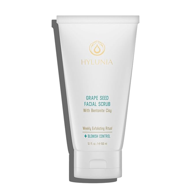 Hylunia Skincare Grape Seed Facial Scrub – Gentle Exfoliating Face Scrub with Ground Grape Seed, Bentonite Clay, and Alpha Hydroxy Acid for smooth, glowing skin and refined pores, 5.1oz