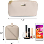 NAORI Travel Makeup Bag for Women | Large Luxury Cosmetic Organizer with Handle & Inner Pockets | Waterproof Leather Toiletry Bag | Makeup Case for Home, Travel & Gifting (Creamy Beige)