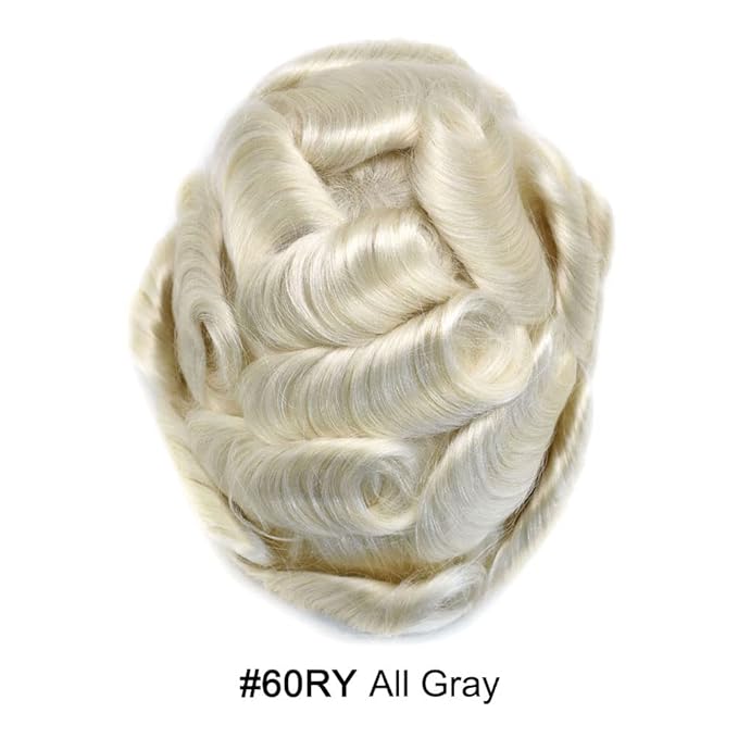 Toupee for Men French Lace Center Human Hair Replacement Systems Transparent Lace with PU Around Hair Piece Mens Toupee Hair Units for Man V-Looped Front Male Hair Prosthesis 7"X9" #60RY