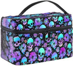 Goth Skull Makeup Bag, Gothic Skull Flowers Makeup Organizer Bags Toiletry Bag Box Travel Cosmetic Bag Make Up Train Case for Women Teen Girl Ladies