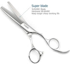 5.5" Hair Thinning Scissors Barber Scissors Professional Sharp Hairdresser Hair Thinning Shears 28 Teeth 440C Silvery Convex Edge Blade Blind Hole KINSARO for Hairdresser Barber or Home Use