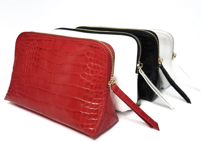 Snow Royale Crocodile Cosmetic Bag - Luxury White Vegan Leather Makeup Bag With Royal Blue Interior Lining