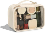 Pocmimut Clear Makeup Bag,Double Layer Large Cosmetic Bag with Makeup Brush Bag,TSA Approved Toiletry Bag Makeup Case Car Accessories Travel Essentials Organizers for Women,Begie