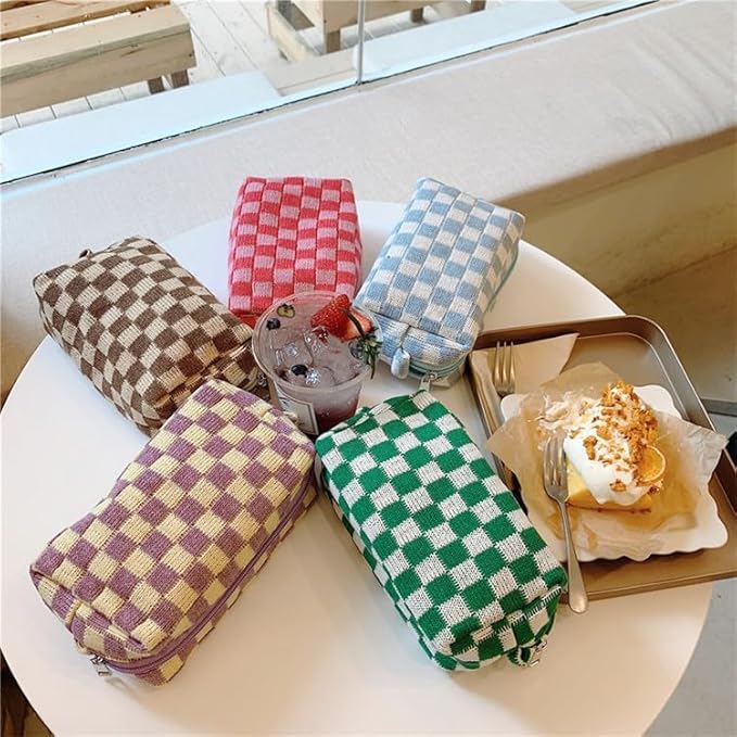 PAZIMIIK Checkered Makeup Bag for Purse Portable Zipper Make Up Pouch Small Cosmetic Case for Travel Accessories (2PCS Purple)