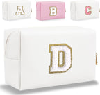 Small Personalized Letter Makeup Bag, Cute PU Leather Chenille Letters Cosmetic Bag Travel Makeup Pouch, Preppy Travel Organizer Zipper Pouch for Women&Girls（White-D）