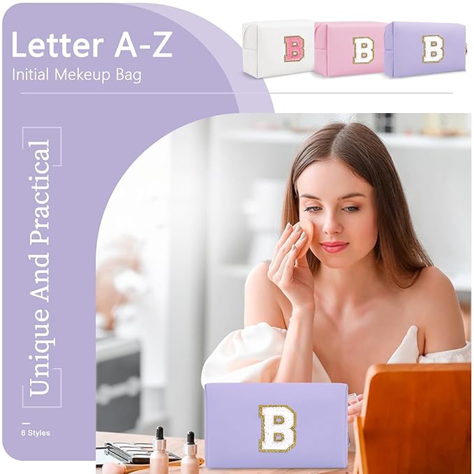 Personalized Makeup Bag Initial A-Z Preppy Patch Bag,Small PU Leather Travel Cosmetic Bag Pouch with Zipper,Purple Cute Toiletry Bag,Gift Ideal for Teen Girls Women Birthday Friend Mom,Latter B