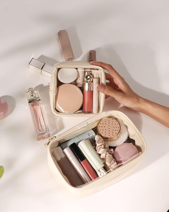 Pocmimut Mini Makeup Bag,Clear Makeup Bag Travel Toiletry Bag Pouch Purse Car Accessories Cute Stuff for Women,Travel Essentials Organizers,Beige