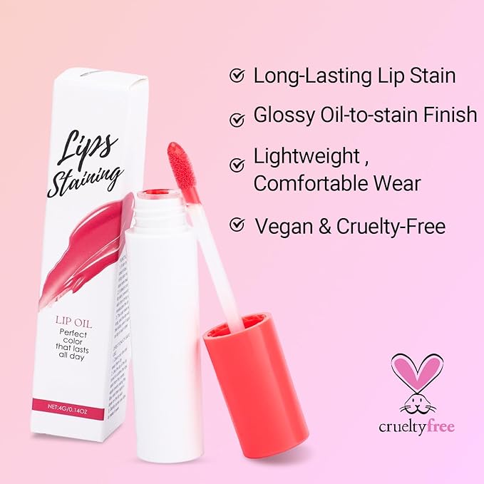 Erinde Lips Staining Lip Oil, Glossy Lip Stain, Long-Lasting Lightweight Lip Staining Oil, Moisturizing Plumping Hydrating Glossy Lip Tint, Vegan & Cruelty-Free, 03