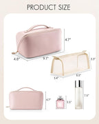 Vlando Makeup Bag,Large Capacity Travel Toiletry Bag,Cosmetic Bags for Women PU Leather Waterproof Portable Pouch with Divider & Handle-Pink