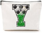 Soccer Gifts Initial Makeup Bag Monogrammed Cosmetic Bag Letter Y Zipper Pouch Soccer Accessories for Girls Women Soccers Player Coach Friend Soccers Stuff Graduation Birthday Gifts