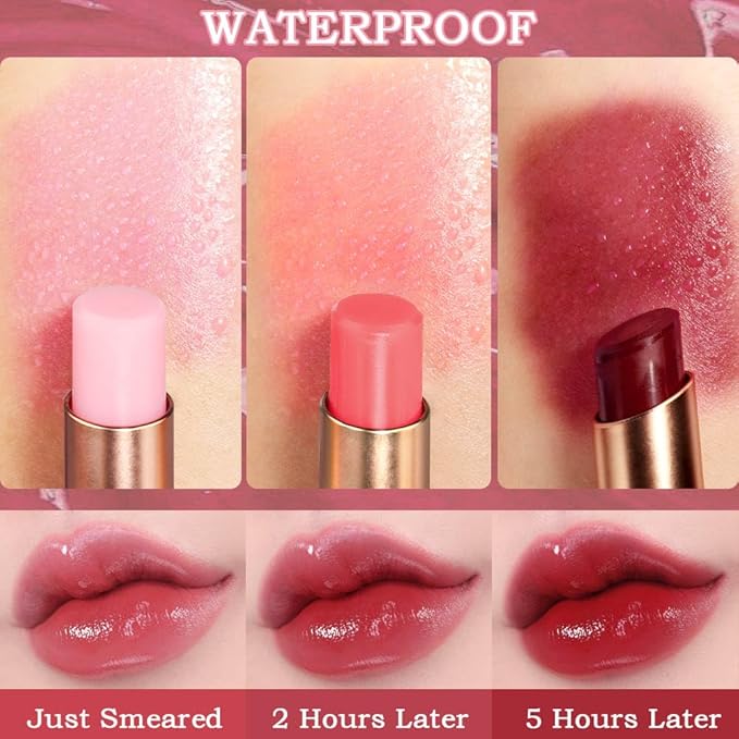 BINGBRUSH Peach Color Changing Lipstick,Moisturizer Long Lasting Lip Care Lip Balm Magic Lip Gloss Lip Tint Stain Gloss Set for Women (3Pcs Peach+Strawberry+ Red Cherries Lipstick)