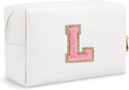 Personalized Initial Preppy Travel Makeup Bag Organizer, Small White Cute Cosmetic Bag Toiletry Zipper Pouch for Women, Portable Waterproof PU Makeup Case Gift for Her Birthday Mom Teacher(Letter L)
