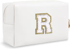 Small Travel Initial Preppy Makeup Bag, Personalized White Cute Cosmetic Organizer Chenille Letter Travel Toiltery Zipper Pouch, Waterproof PU Make Up Case Gifts for Mom Friendship Coworker(Letter R)