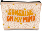 Sunshine on My Mind Pink White Orange Daisy Inspirational Cosmetic Bag Makeup Bag Gift for Teen Girls,Birthday Christmas Gifts for Women Friends Mom Wife Grandma Daughter Teacher Coworker