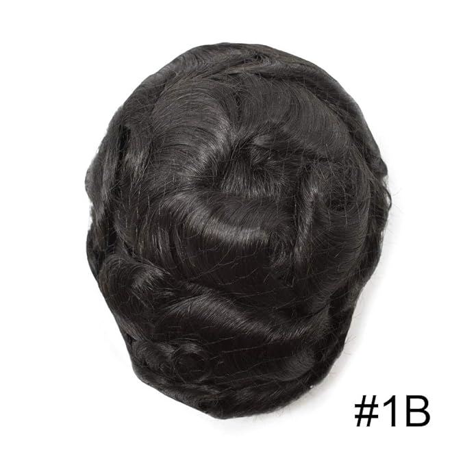 FACE MIRACLE Lace Front Mens Toupee Human Hair System Swiss Lace Center Toupee for Men Thin Skin PU Around Hair Replacement System V-Looped Mens Hair Wig Units 6"X9" 1B# OFF BLACK