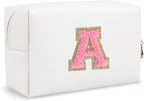 Personalized Initial Preppy Patch Makeup Bag, Small Travel Cute Cosmetic Pouch Makeup Case Toiletry Zipper Pouch, Monogram Waterproof PU Leather Chenille Letter Storage Bag Gift for Women(Letter A)
