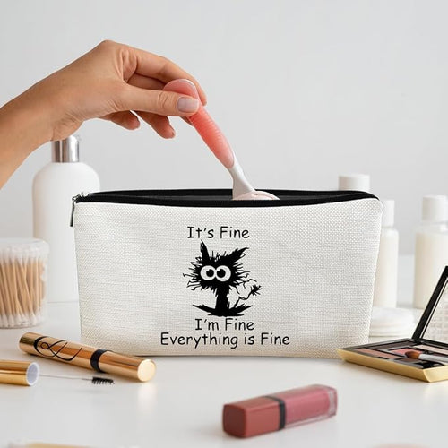 Black Cat Makeup Bag,Black Cat Gifts It's Fine I'm Fine Everything is Fine Funny Cat Cosmetic Bag Zipper Travel Toiletry Bag Best Gift Idea for Cat Lovers Teen Girls,Cat Moms Gifts