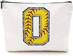 Softball Gifts Initial Makeup Bag Monogrammed Cosmetic Bag Letter O Zipper Pouch Softball Accessories for Girls Women Player Coach Friend Stuff Graduation Birthday Gifts ﻿