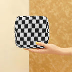 Small Black Makeup Bag for Purse, Mini Checkered Cosmetic Bag Zipper Cute Make Up Pouch Travel Toiletry Bag Quilted Aesthetic Accessories Makeup Storage Bag Organizer for Women Girls