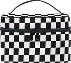 Makeup Train Case White Black Checkered Plaid Carrying Portable Zip Travel Cosmetic Brush Bag Organizer Large for Women
