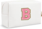Personalized Initial Travel Preppy Makeup Bag, Small Cute White Cosmetic Pouch Monogram Toiletry Zipper Pouch, Waterproof PU Glitter Make Up Bags Storage Birthday Bridal Shower Women Gift (Letter B)