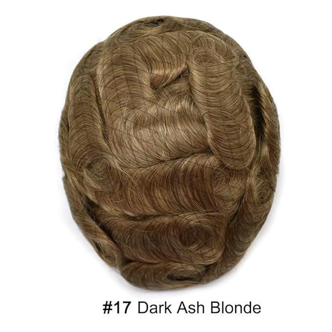 FACE MIRACLE Toupee for Men Lace Center Mens Toupee Hairpiece for Man Human Hair Replacement System Lace Center with Poly around Hair Units Mens Wig Hair Prosthesis 6"X8" 17#DARK ASH BLONDE