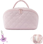 Makeup Bag for Woman, 180° Lay Flat Wide Open Makeup Bags, Large Fold out Washable Cosmetic Case, Quilted Puffy Toiletry Bags for Toiletries (Pink)