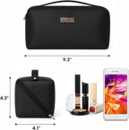 NAORI Travel Makeup Bag for Women | Large Luxury Cosmetic Organizer with Handle & Inner Pockets | Waterproof Leather Toiletry Bag | Makeup Case for Home, Travel & Gifting (Elegant Black)