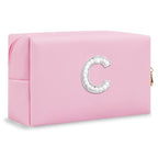 ChaoGreat Bride Gifts – Personalized Initial Makeup Bag with Pearl Rhinestone Patch, Preppy Pink Monogram Cosmetic/Toiletry Pouch, bridesmaid Gifts, Bridal Shower Gifts, Wedding Gifts, Bridal Gifts,C
