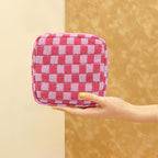 2 Pieces Makeup Bag Set, Small Pink Checkered Cosmetic Bag Travel Toiletry Organizer Mini Cosmetic Pouch Case Makeup Brushes Cute Quilted Aesthetic Accessories Storage Bag for Women