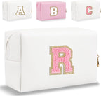 Small Personalized Letter Makeup Bag, Cute PU Leather Chenille Letters Cosmetic Bag Travel Makeup Pouch, Preppy Travel Organizer Zipper Pouch for Women&Girls（WhitePink-R）