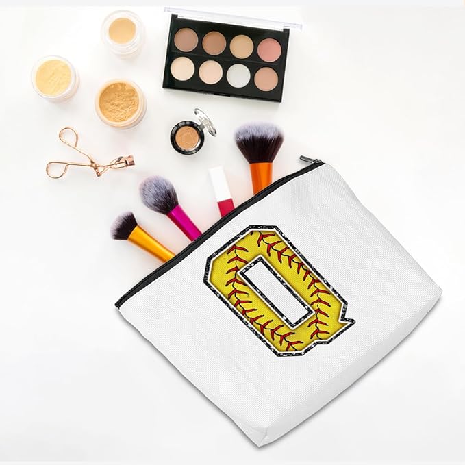 Softball Gifts Initial Makeup Bag Monogrammed Cosmetic Bag Letter Q Zipper Pouch Softball Accessories for Girls Women Softball Player Coach Friend Softball Stuff Graduation Birthday Gifts