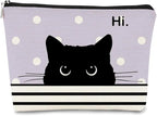 Cat Makeup Bag - Small Cute Cosmetic Bag for Women & Girls, Black & Purple Polka Dot Cat Lady Gifts