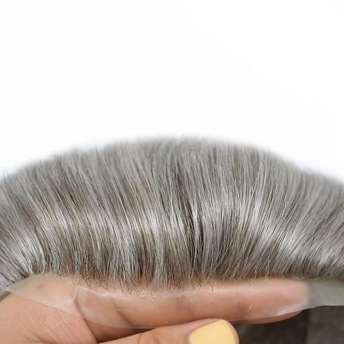 FACE MIRACLE Hair System for Men French Lace Mens Toupee Human Hair Replacement System Lace with PU Toupee for Men Male Hair Piece Wigs 6"X8" #1B80 Off Black with 80% Gray