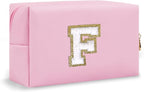 Small Initial Preppy Makeup Bag, Personalized Travel Cosmetic Organizer Chenille Letter Pink Toiletry Zipper Pouch, Portable Waterproof Make Up Case Friendship Gifts for Families Friends(Letter F)