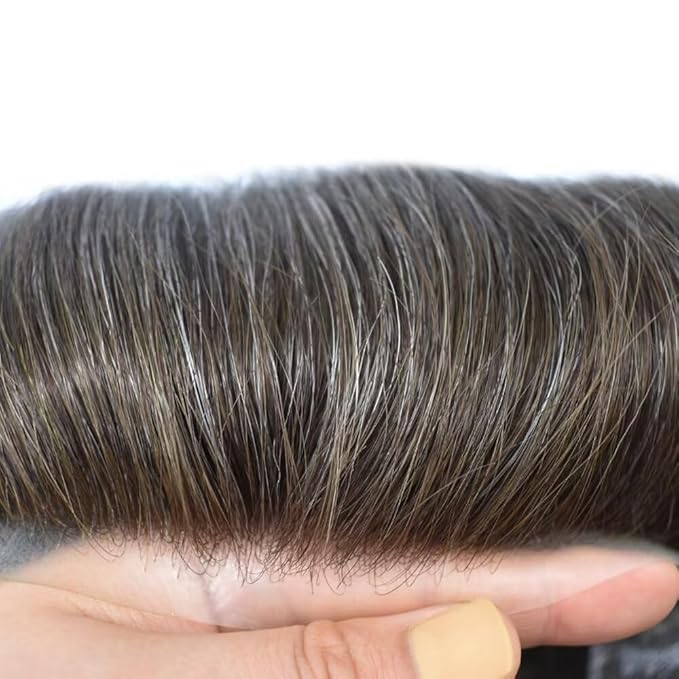 FACE MIRACLE Mens Toupee Lace Front Hairpieces Soft Human Hair Replacement System Natural Hairline Toupee for Men French Lace Poly V-Looped Mens hair Units 7"X9" #350 Dark Brown with 50% Gray