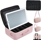 Large Makeup Bag with LED Mirror,Travel Cosmetic Train Case for Makeup Artists,Makeup Organizer Case with Divider Rechargeable Vanity Mirror with 3 Color Lights for Barber,MUA,Nail Tech, Pink