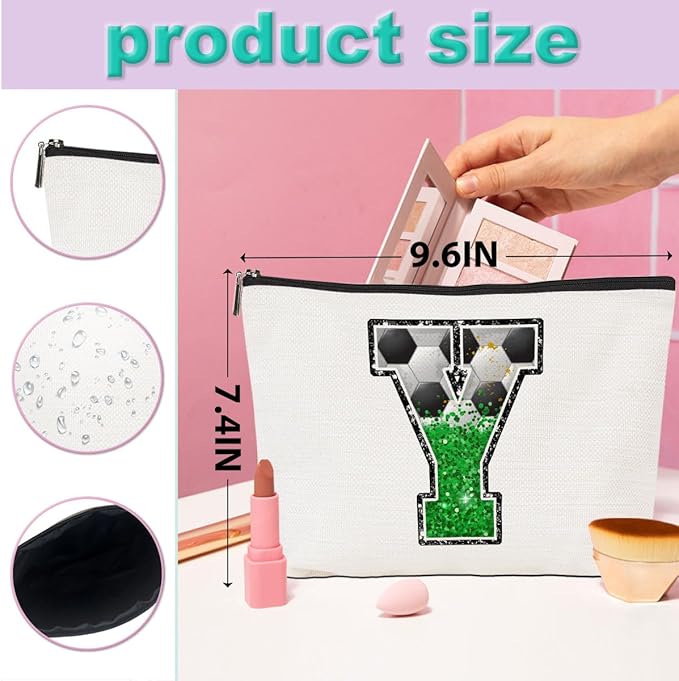 Soccer Gifts Initial Makeup Bag Monogrammed Cosmetic Bag Letter Y Zipper Pouch Soccer Accessories for Girls Women Soccers Player Coach Friend Soccers Stuff Graduation Birthday Gifts
