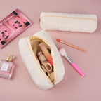 SOIDRAM Makeup Bag Checkered Cosmetic Bag Plush White Makeup Pouch 1Pcs Large Capacity Makeup Bags and 1Pcs Makeup Brushes Storage Bag Travel Toiletry Bag Organizer