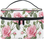 Makeup Train Case Leaves Flower Rose Pattern Carrying Portable Zip Travel Cosmetic Brush Bag Organizer Large for Women