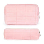 SOIDRAM Checkered Cosmetic Bag - Plush Pink Makeup Pouch, Large Capacity, Travel Toiletry Bag Organizer with 1Pcs Makeup Brushes Storage